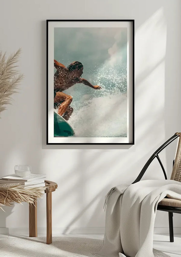 Surfer In Action On Wave Splashing Water Close Up Painting