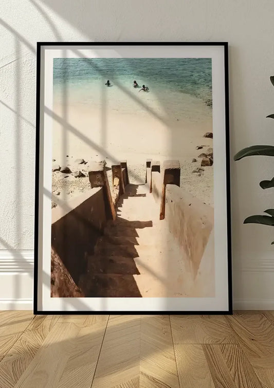 Stenen Trap Naar Turquoise Zee Zandstrand Kust Canvas Schilderij