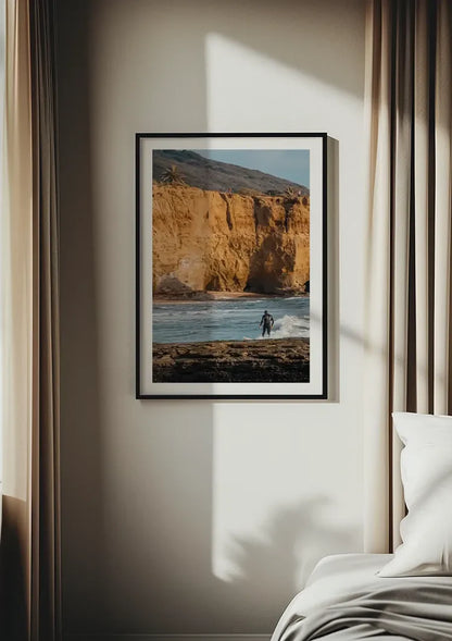 Surfer at Golden Cliffs Ocean Waves Coastal Landscape Painting