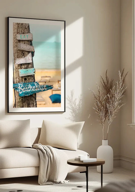 Boom Wegwijzers Strand Turquoise Zee Kustlandschap Canvas Schilderij