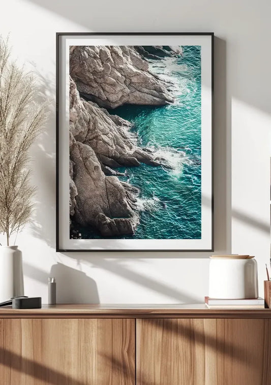 Rotskust Met Turquoise Zee Bovenaanzicht Natuur Canvas Schilderij