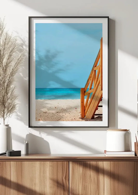 Verlaten Strand Houten Trap Turquoise Zee Zomer Canvas Schilderij