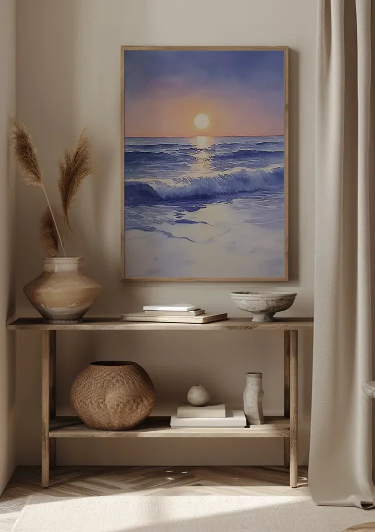 Aquarell Strand mit Wellen bei Sonnenuntergang Zarte Pastelltöne Gemälde
