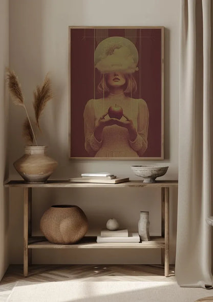 Surrealist Female Portrait With Cloud And Red Apple Vintage Painting