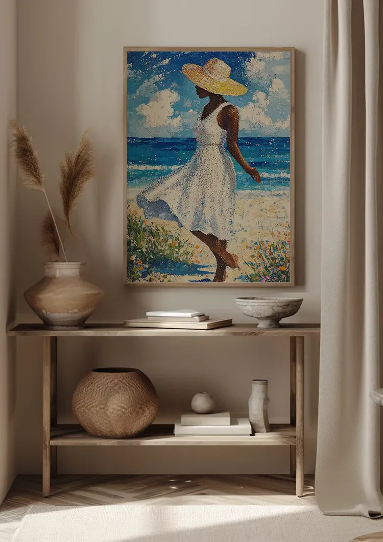 Woman White Dress Straw Hat Beach Blue Sea Abstract Painting