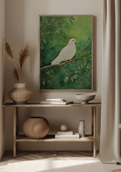 Witte Duif op Tak Groene Bladeren Vredig Natuur Schilderij