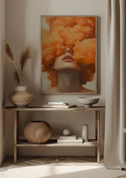 Woman Orange Smoke Cloud Surreal Portrait Painting