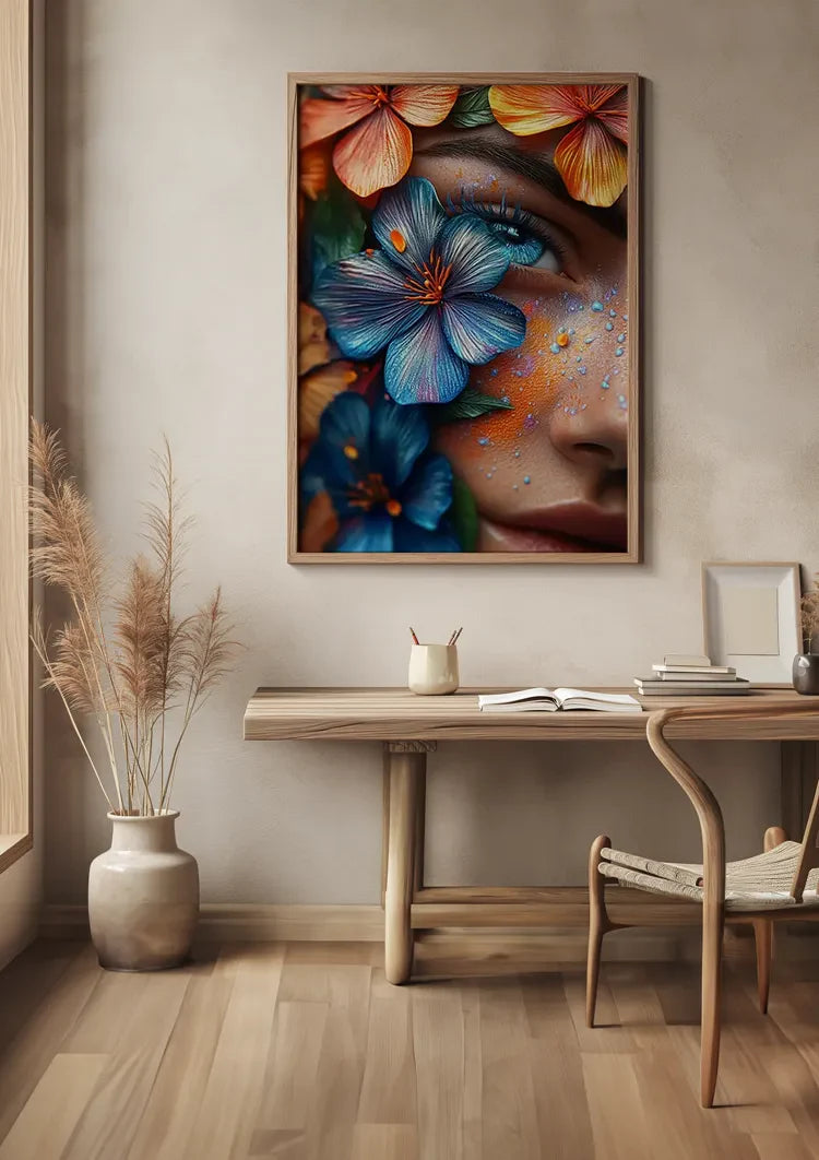 Exotic Female Portrait with Colorful Tropical Flowers Painting