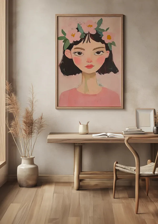 Girl with Flowers in Her Hair Pink Background Portrait Painting