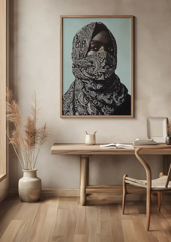 Elegantes verschleiertes Porträt Paisleyschal Hellblauer Hintergrund Gemälde