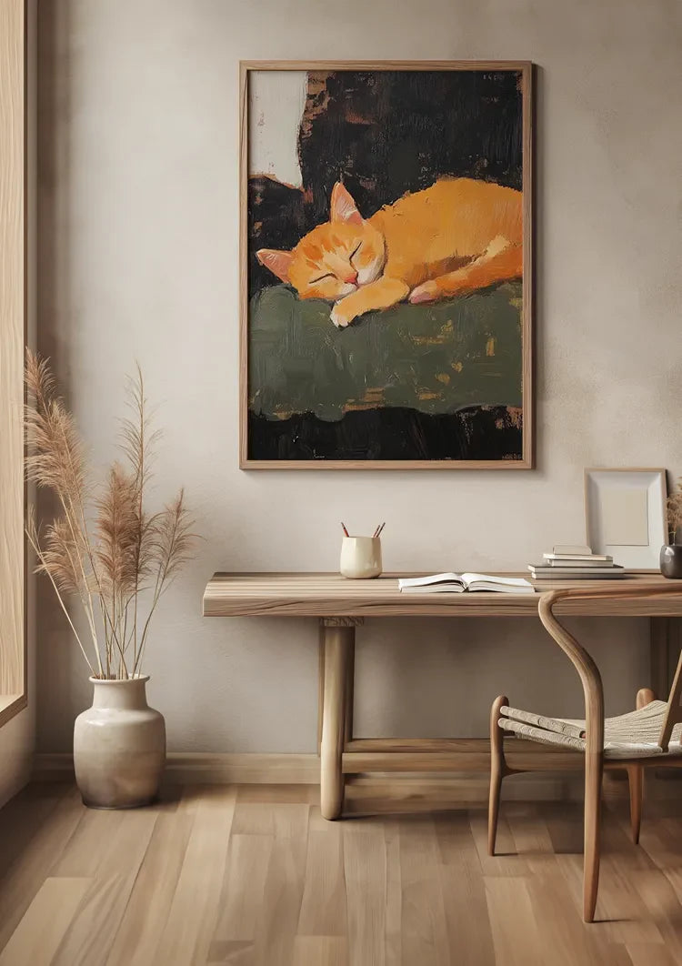 Schlafende orange Katze Dunkler Hintergrund Expressives Gemälde