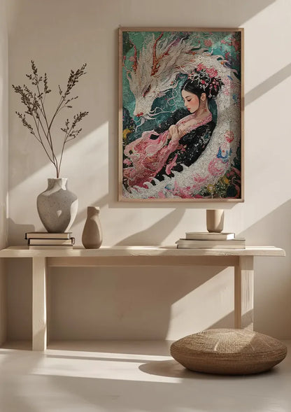 Japanese Woman With White Dragon Floral Kimono Painting