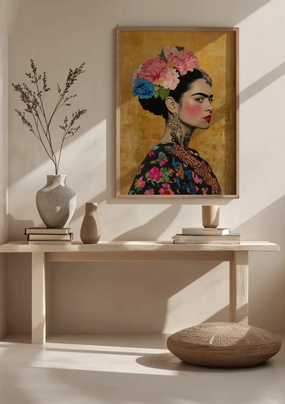 Woman Portrait Side Profile With Colorful Flowers Golden Background Painting