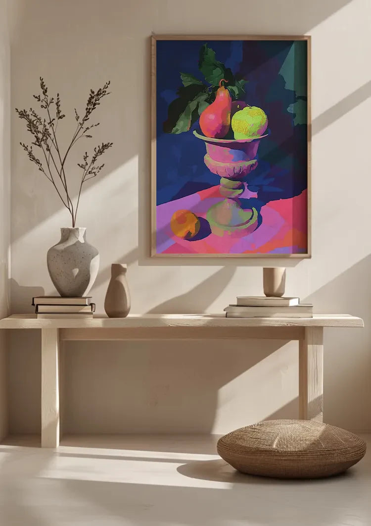 Neon Still Life with Pear and Apple in Classic Vase Painting