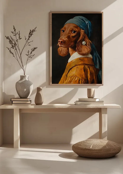 Hund mit Perle im Vermeer-Stil Blaues Kopftuch Lustiges Porträtgemälde