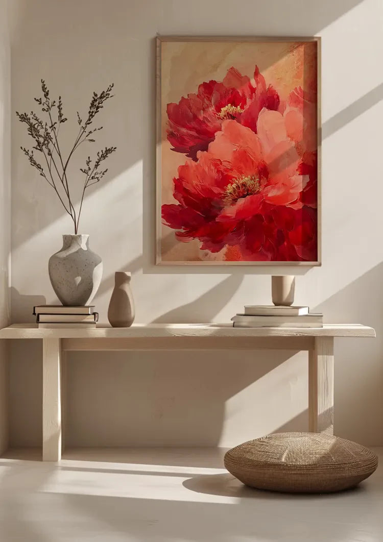 Red Peonies Warm Gold Background Floral Painting