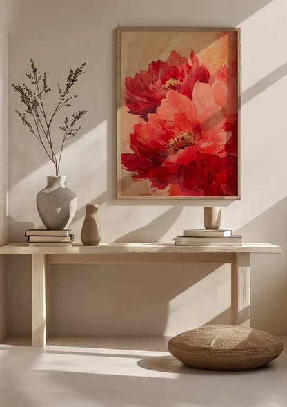 Red Peonies Warm Gold Background Floral Painting