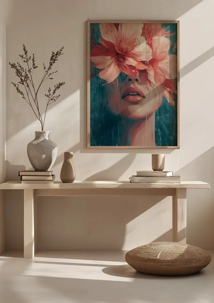 Woman with Pink Flowers Turquoise Background Portrait Painting