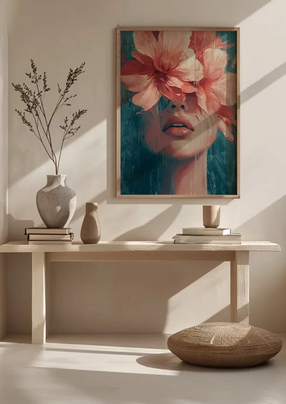 Woman with Pink Flowers Turquoise Background Portrait Painting