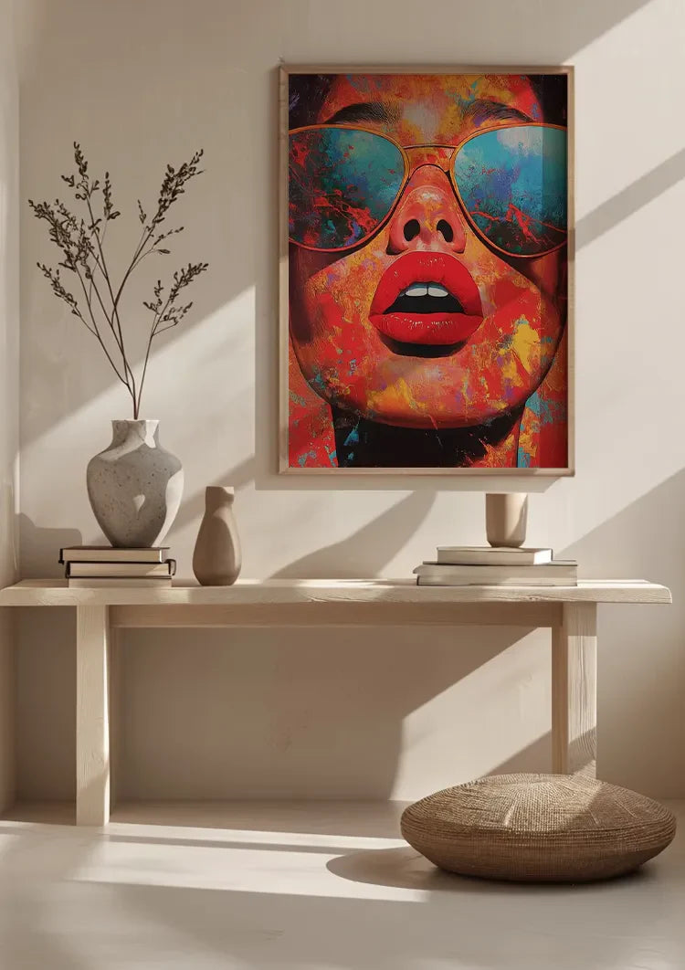 Woman Sunglasses Red Lips Colorful Paint Surreal Pop Art Painting