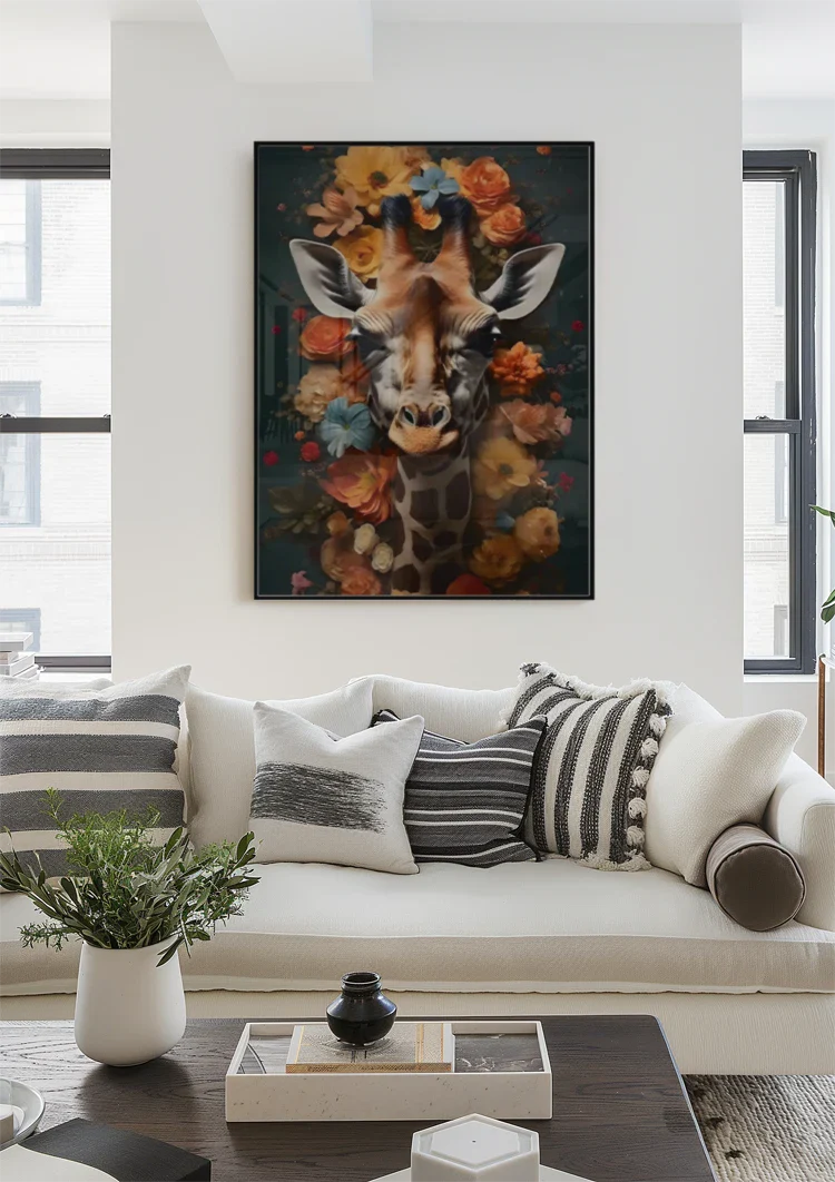 Giraf Hoofd Kleurrijke Bloemen Donkerblauw Schilderij