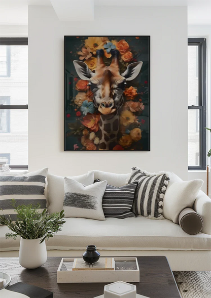 Giraf Hoofd Kleurrijke Bloemen Donkerblauw Schilderij