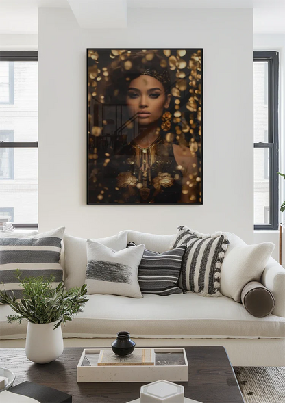 Golden Glamour Woman Golden Jewelry Bokeh Portrait Painting
