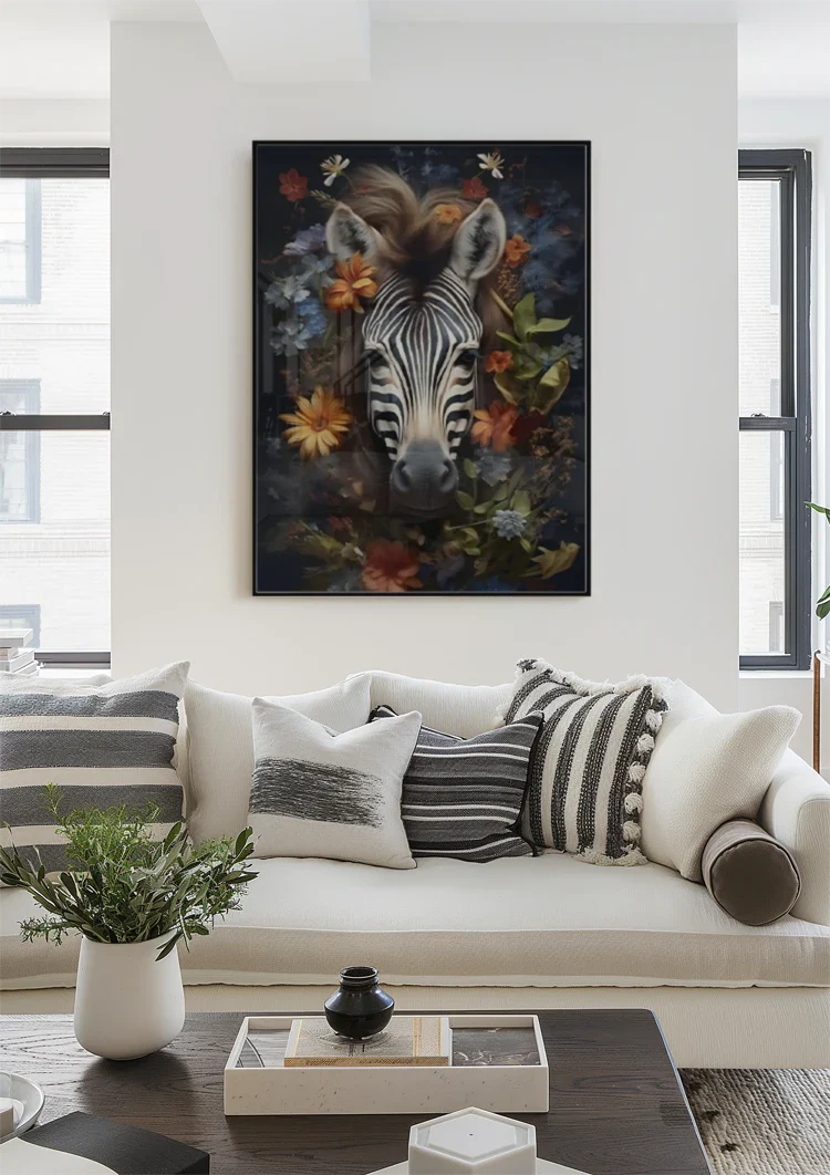 Zebra Porträt Bunte Blumen Dunkler Hintergrund Gemälde
