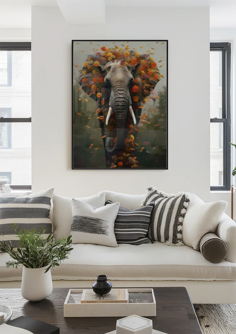 Surreale Olifant Bloemenkrans Oranje Bloemen Magisch Schilderij