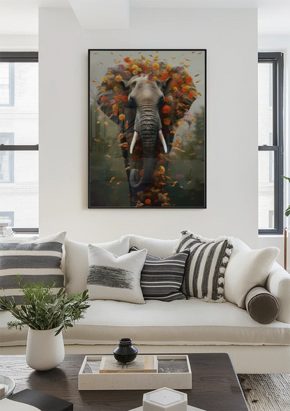 Surreale Olifant Bloemenkrans Oranje Bloemen Magisch Schilderij