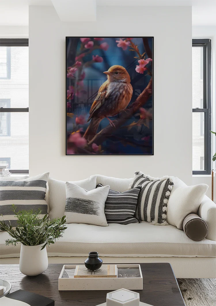 Klein Vogeltje Roze Bloesem Tak Blauw Schilderij