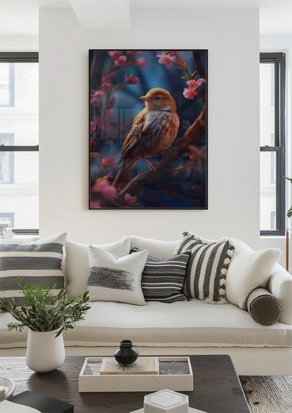 Klein Vogeltje Roze Bloesem Tak Blauw Schilderij
