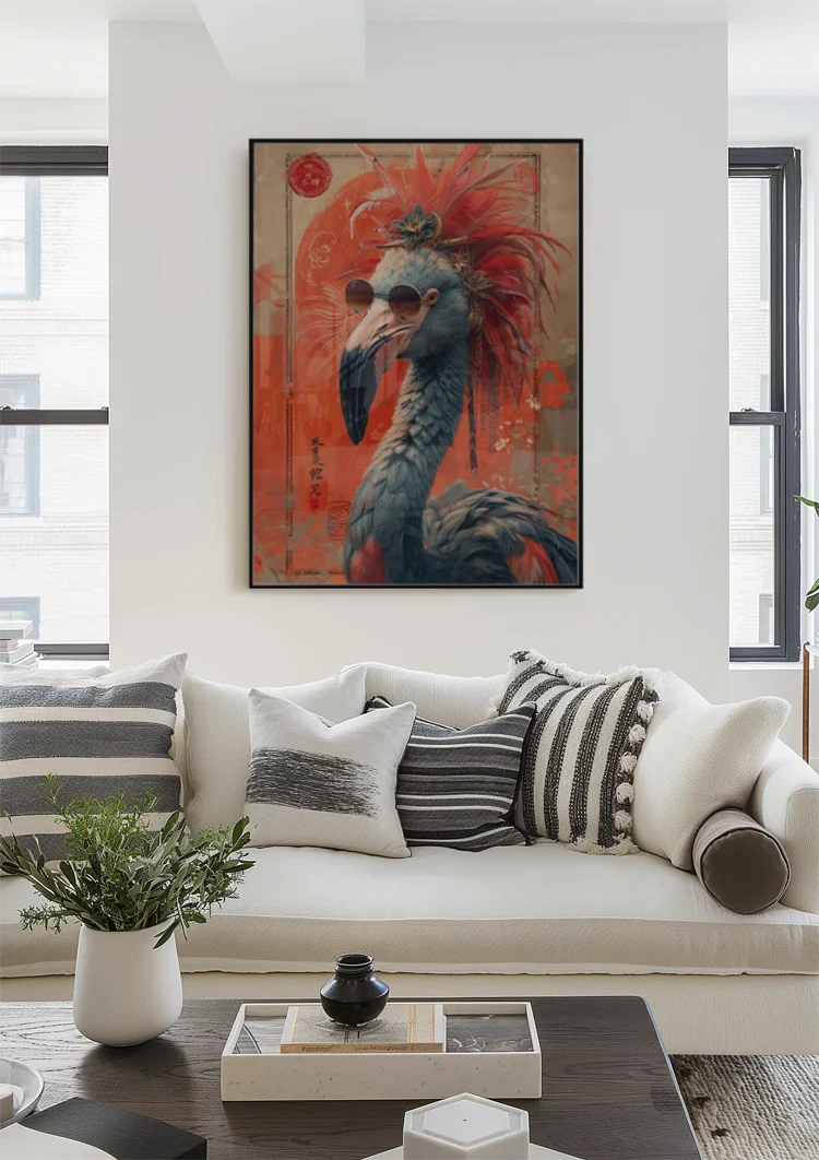 Flamboyante Flamingo Sonnenbrille Rote Federn Asiatischer Hintergrund Pop-Art-Gemälde