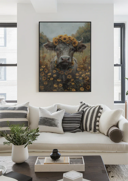 Koe Met Zonnebloemen Krans Gouden Veld Dromerig Schilderij