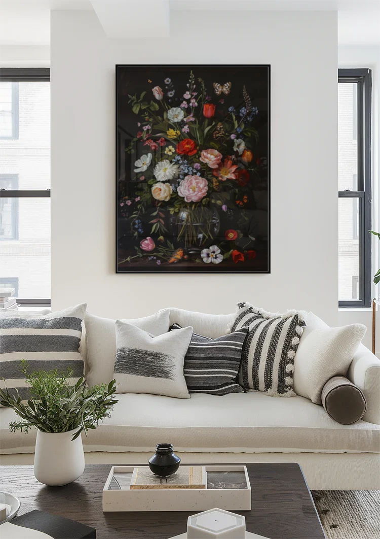 Üppiges Blumenstillleben Glasvase Dunkler Hintergrund Gemälde