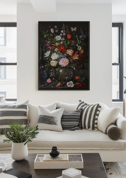 Üppiges Blumenstillleben Glasvase Dunkler Hintergrund Gemälde