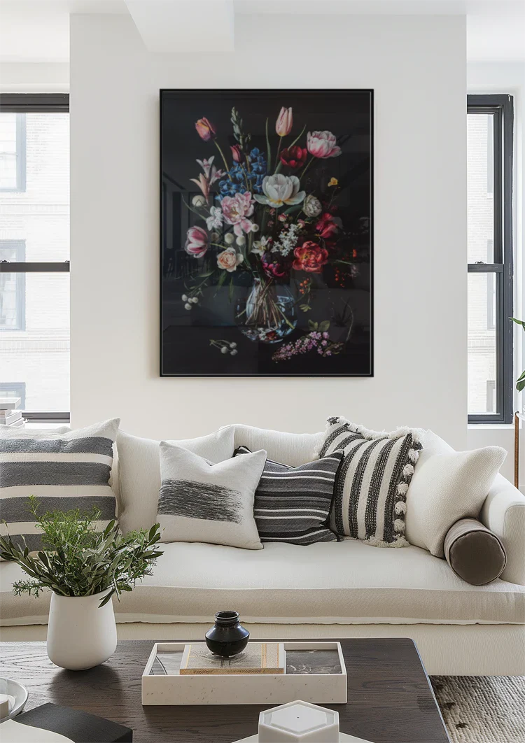 Buntes Blumenstrauß Glasvase Dunkler Hintergrund Gemälde