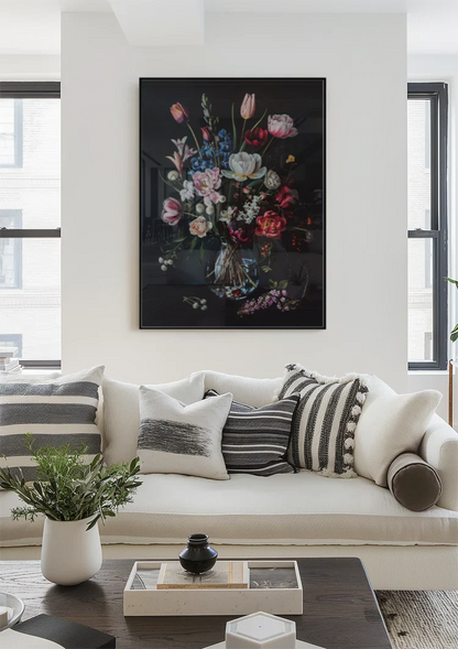 Buntes Blumenstrauß Glasvase Dunkler Hintergrund Gemälde