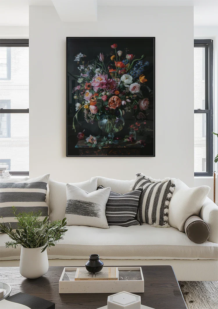 Bunte Blumenexplosion Pfingstrosen Tulpen Glasvase Dunkles Gemälde