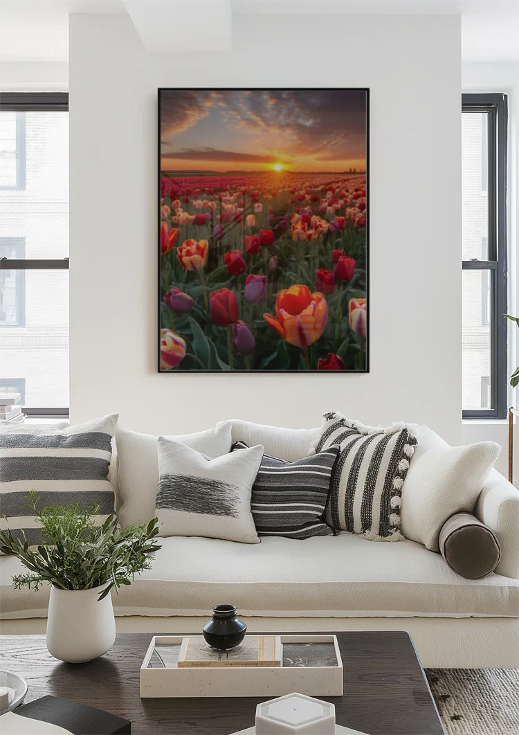Farbenfrohes Tulpenfeld bei Sonnenuntergang Rote Orange Violette Blumen Gemälde