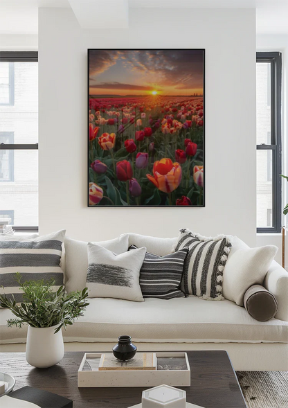 Farbenfrohes Tulpenfeld bei Sonnenuntergang Rote Orange Violette Blumen Gemälde