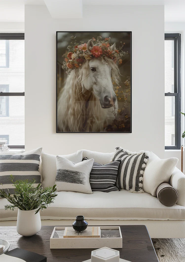 Weißes Pferd mit Blumenkrone Romantisches Porträt Verträumtes Gemälde