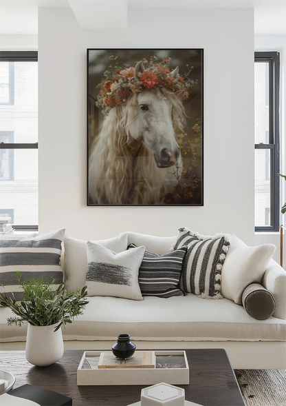Weißes Pferd mit Blumenkrone Romantisches Porträt Verträumtes Gemälde