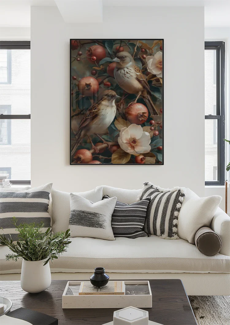 Twee Vogels Met Granaatappels Bloemen Botanisch Schilderij