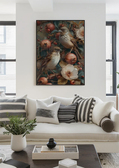 Twee Vogels Met Granaatappels Bloemen Botanisch Schilderij