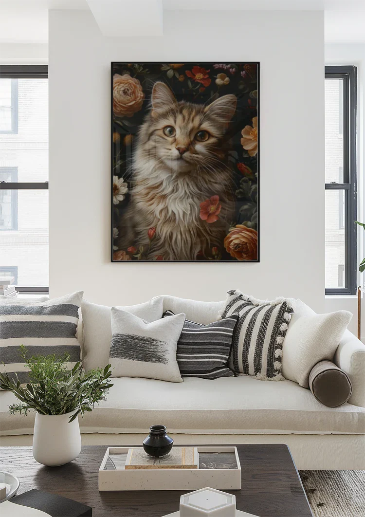 Flauschige Katze zwischen farbenfrohen Rosen Blumenreiches Porträt Gemälde