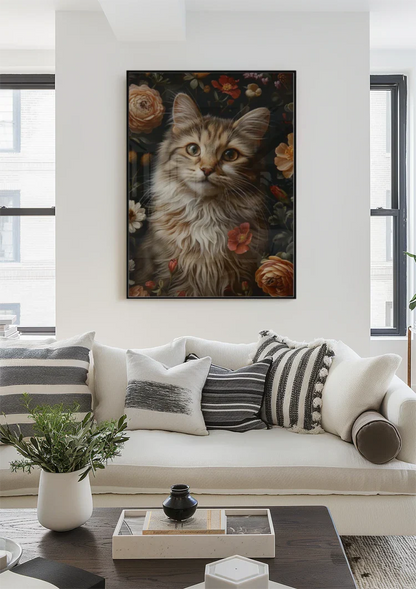 Flauschige Katze zwischen farbenfrohen Rosen Blumenreiches Porträt Gemälde