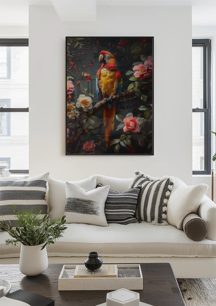 Buntes Papagei Tropische Blumen Dunkler Hintergrund Gemälde