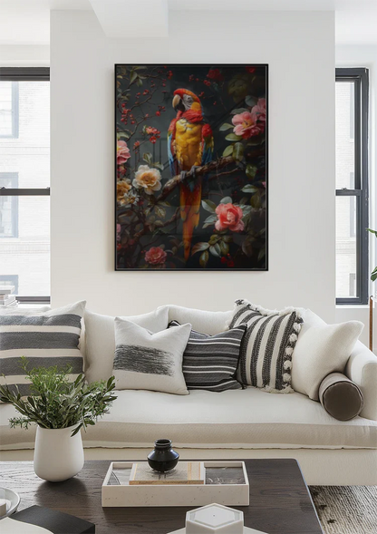 Buntes Papagei Tropische Blumen Dunkler Hintergrund Gemälde