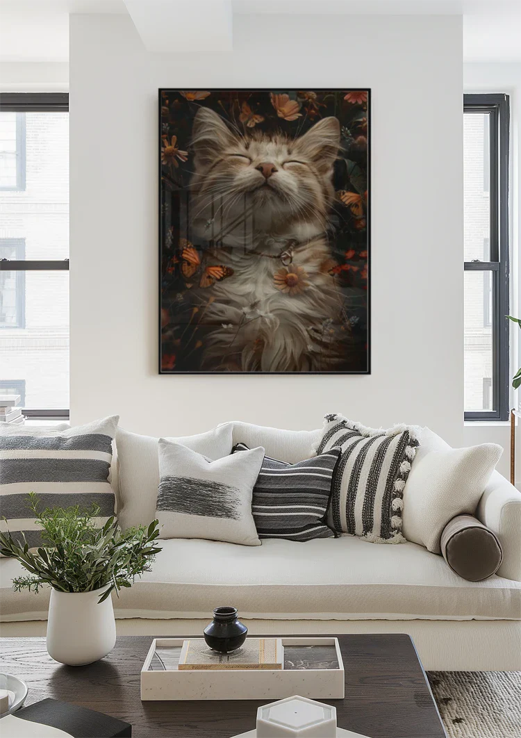 Sleeping Fluffy Cat Surrounded By Flowers Butterflies Painting